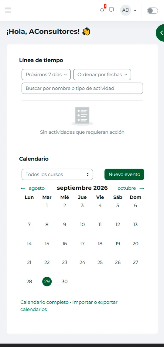 App móvil de la plataforma mostrando los cursos del alumno