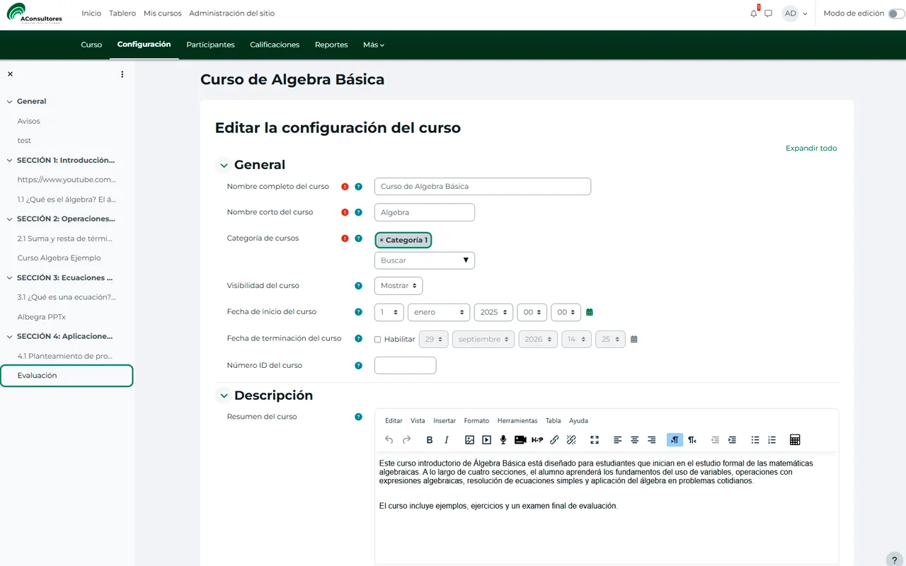 Vista de un curso con temas, archivos y actividades