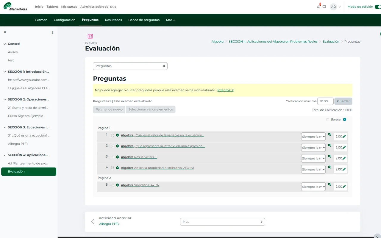 Examen en línea con preguntas de opción múltiple y temporizador